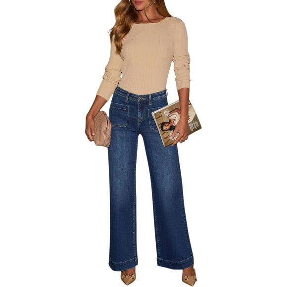 Wide Leg Jeans Women Cotton Polyester Spandex High Waisted Loose Denim Pants - Picture 6 of 7